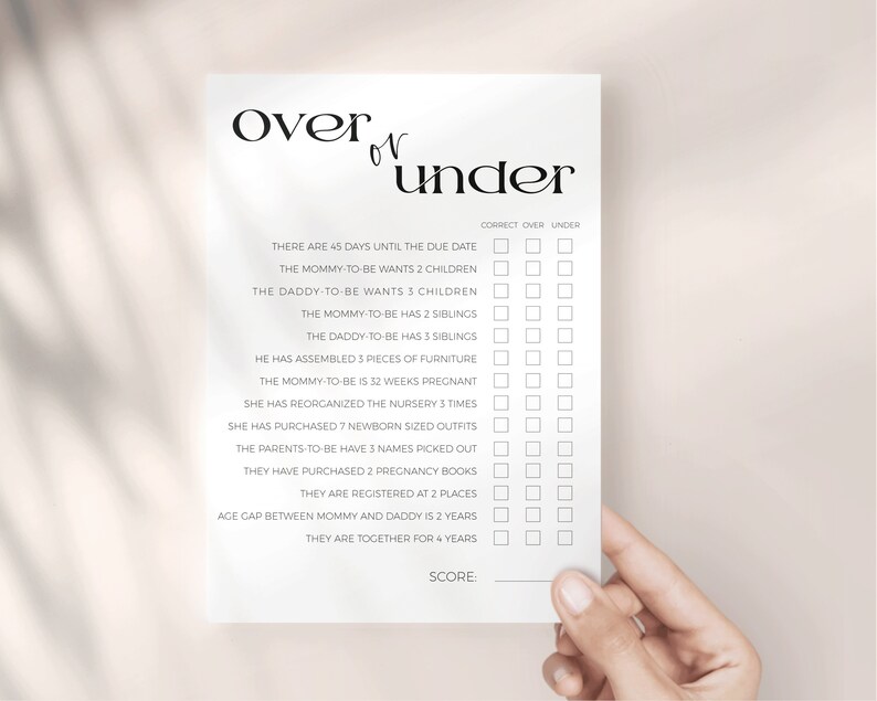 Baby Shower Games Over or Under PRINTABLE, Baby Trivia Guessing ...