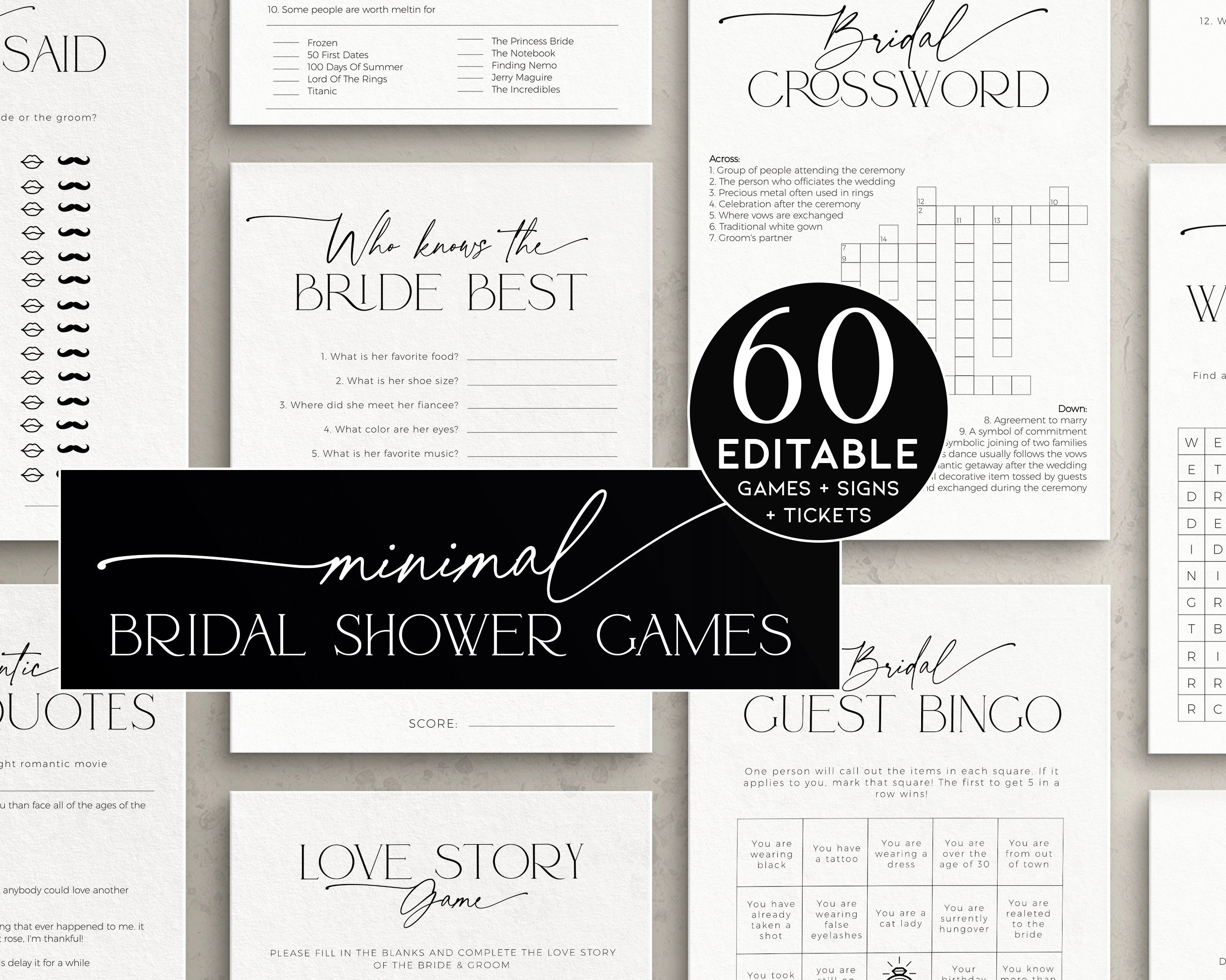 Minimalist Bridal Shower Games Bundle PRINTABLE, Simple Custom Bridal