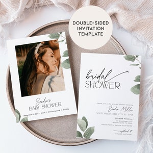 May include: Double-sided invitation template featuring a watercolour eucalyptus design. The front displays a photograph of a couple and the text "Sandra's Baby Shower". The reverse side includes the text "bridal shower" and the details for Sandra Miller's bridal shower.