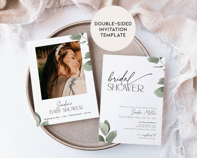 May include: Double-sided invitation template featuring a watercolour eucalyptus design. The front displays a photograph of a couple and the text "Sandra's Baby Shower". The reverse side includes the text "bridal shower" and the details for Sandra Miller's bridal shower.