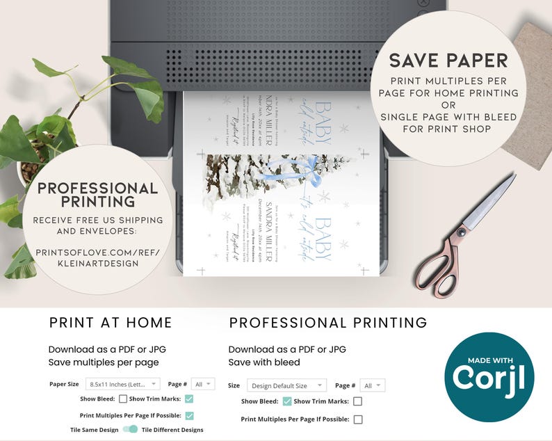 May include: A printable baby shower invitation with a winter theme. The invitation features a blue and white color scheme with a watercolor illustration of a snowy forest and a baby blue ribbon. The text on the invitation reads "Baby it's cold outside".