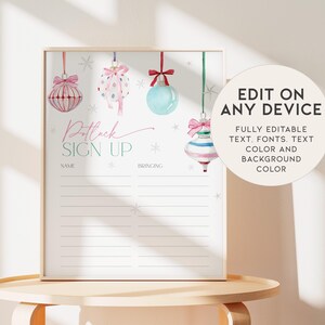 May include: Printable Christmas potluck sign up sheet with a white background and a pink, blue, and green watercolor design of ornaments. The text "Potluck Sign Up" is written in pink cursive. The sign up sheet has spaces for names and what people are bringing.
