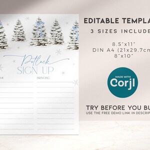 Puede incluir: Hoja de inscripci&oacute;n para un potluck de tem&aacute;tica invernal, editable, con un fondo de bosque nevado. La hoja tiene dos columnas etiquetadas como "Nombre" y "Traer". El texto "Potluck Sign Up" est&aacute; escrito en cursiva en la parte superior de la hoja.