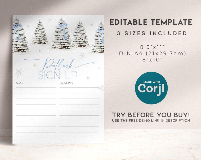 Puede incluir: Hoja de inscripci&oacute;n para un potluck de tem&aacute;tica invernal, editable, con un fondo de bosque nevado. La hoja tiene dos columnas etiquetadas como "Nombre" y "Traer". El texto "Potluck Sign Up" est&aacute; escrito en cursiva en la parte superior de la hoja.