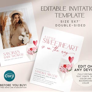 May include: Editable baby shower invitation template featuring a pink and red floral design. The front of the invitation shows a photo of a pregnant woman wearing a beige dress. The back of the invitation has the text "A little sweetheart is on the way" in pink and red. The invitation is 5x7 inches and double-sided.