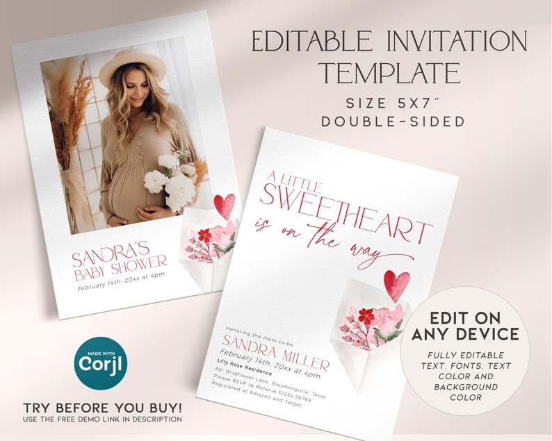 May include: Editable baby shower invitation template featuring a pink and red floral design. The front of the invitation shows a photo of a pregnant woman wearing a beige dress. The back of the invitation has the text "A little sweetheart is on the way" in pink and red. The invitation is 5x7 inches and double-sided.