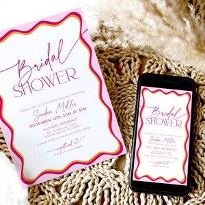 May include: Pink and orange bridal shower invitation with a wavy border. The invitation is for Sandra Miller and is set for September 14th at 4pm at the Lilly Rose Residence. The RSVP information is included, as well as the registry information.