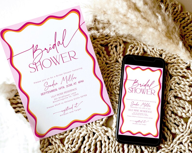 May include: Pink and orange bridal shower invitation with a wavy border. The invitation is for Sandra Miller and is set for September 14th at 4pm at the Lilly Rose Residence. The RSVP information is included, as well as the registry information.