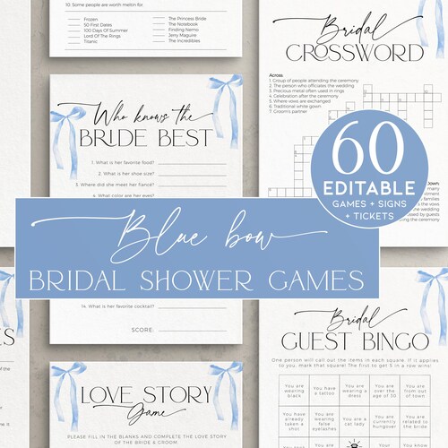 Qualcosa di blu prima di fare BUNDLE di giochi per la festa nuziale, Shes Tying The Knot Bachelorette Party, modello di attività per matrimonio con fiocco da civetta, BS89
