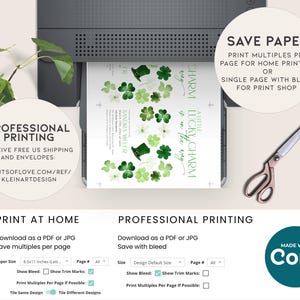 Op de afbeelding: Een digitaal printbaar ontwerp voor een "A Little Lucky Charm is on the Way" feestuitnodiging. Het ontwerp bevat een aquarel-illustratie van klavertjesvier en een kabouterhoed. De tekst "Save Paper" wordt weergegeven in een cirkel bovenaan de afbeelding. De tekst "Print Multiples Per Page for Home Printing or Single Page with Bleed for Print Shop" wordt weergegeven onder de cirkel. De tekst "Professional Printing" wordt weergegeven in een rechthoek onderaan de afbeelding. De tekst "Made with Corjl" wordt weergegeven in een cirkel rechtsonder in de afbeelding.