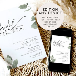 May include: A printable bridal shower invitation with a green leafy design. The invitation features the text "bridal shower" in black script font and includes the bride's name, date, time, and location. The text "Edit on any device" is also included in a circle.