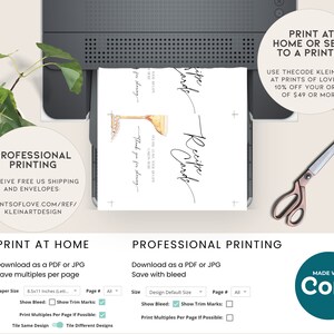 May include: A printable recipe card template with a watercolor illustration of a champagne flute. The text "Recipe Cards" is written in a handwritten font. The template is available for download as a PDF or JPG file and can be printed at home or professionally. The text "Print at Home" and "Professional Printing" is displayed with instructions for printing and saving the file.