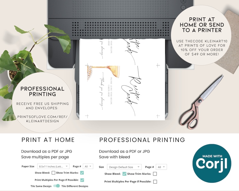 May include: A printable recipe card template with a watercolor illustration of a champagne flute. The text "Recipe Cards" is written in a handwritten font. The template is available for download as a PDF or JPG file and can be printed at home or professionally. The text "Print at Home" and "Professional Printing" is displayed with instructions for printing and saving the file.