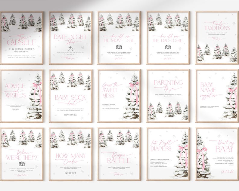 May include: A set of 12 printable baby shower game cards featuring a winter wonderland theme with pink accents. The cards include games like "Advice and Wishes", "Baby Sock Hunt", "Guess the Sweet Mess", "Parenting Tips for You", "Baby Name Suggestions", "Where Were They?", "How Many Candies", "Diaper Raffle", "Date Night Ideas", "Time Capsule", "How Old Was the Mom-to-Be", "How Old Was the Dad-to-Be", and "Family Traditions".