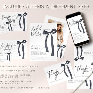 K&ouml;nnte beinhalten: Ein Set aus f&uuml;nf druckbaren Babyparty-Einladungen mit schwarzen und wei&szlig;en Aquarell-Schleifen. Die Einladungen beinhalten eine doppelseitige Einladung, eine digitale Einladung, ein Windel-Tombola-Ticket, eine Karte mit dem Titel "B&uuml;cher f&uuml;r Babys" und eine Dankeskarte. Die Einladungen sind in einem modernen und minimalistischen Stil gestaltet.