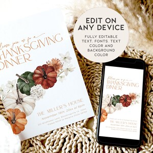 K&ouml;nnte beinhalten: Einladung zum Thanksgiving-Dinner mit Aquarellk&uuml;rbissen und floralen Akzenten. Die Einladung enth&auml;lt den Text "Please join us for a Thanksgiving Dinner" und Veranstaltungsdetails. Ein Smartphone zeigt das Design.