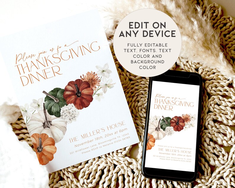 K&ouml;nnte beinhalten: Einladung zum Thanksgiving-Dinner mit Aquarellk&uuml;rbissen und floralen Akzenten. Die Einladung enth&auml;lt den Text "Please join us for a Thanksgiving Dinner" und Veranstaltungsdetails. Ein Smartphone zeigt das Design.