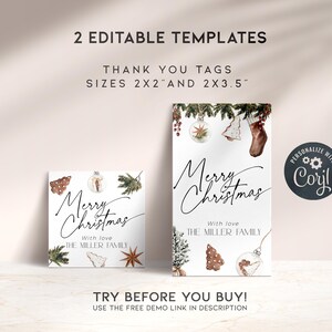K&ouml;nnte beinhalten: Zwei wei&szlig;e Weihnachtsdankeskarten-Vorlagen. Die Etiketten sind rechteckig und quadratisch, mit dem Text "Merry Christmas" und "With love, The Miller Family". Die Etiketten sind mit festlichen Illustrationen und dem Text "2 Editable Templates" verziert.