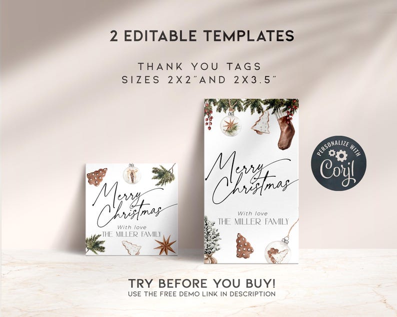 K&ouml;nnte beinhalten: Zwei wei&szlig;e Weihnachtsdankeskarten-Vorlagen. Die Etiketten sind rechteckig und quadratisch, mit dem Text "Merry Christmas" und "With love, The Miller Family". Die Etiketten sind mit festlichen Illustrationen und dem Text "2 Editable Templates" verziert.