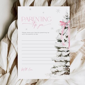 May include: A white card with a pink watercolor tree and the text "PARENTING Tip Jar" in black. The card has lines for writing and the text "Please share your favorite parenting tip with the parents-to-be" and "With Love".