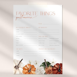 Lieblings Dinge Fragebogen Thanksgiving, bearbeitbare bunte Herbst Buddy List, Kürbis Wunschliste Mitarbeiter, Herbst geheime Schwester Form, CH65