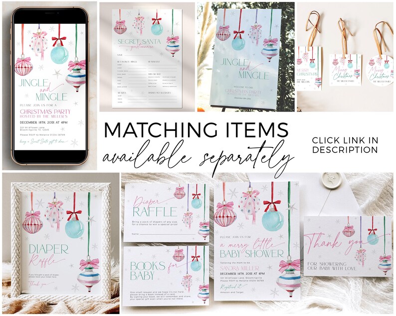 May include: A set of printable Christmas party invitations and decorations featuring a watercolor design of pink and blue ornaments with red ribbons. The text on the invitations reads "Jingle and Mingle Christmas Party" and "A Merry Little Baby Shower".