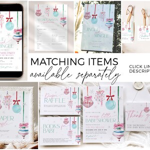 May include: A set of printable Christmas party invitations and decorations featuring a watercolor design of pink and blue ornaments with white snowflakes. The text on the invitations reads "Jingle and Mingle Christmas Party" and "A Merry Little Baby Shower".