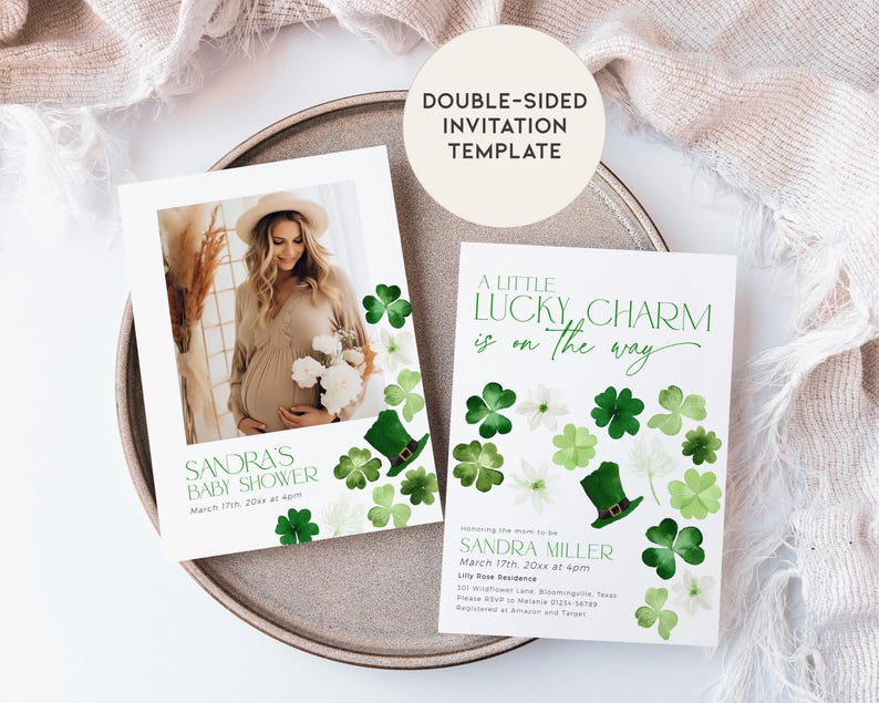 May include: Double-sided baby shower invitation template with a green shamrock and leprechaun hat design. The text reads "A little lucky charm is on the way" and "Sandra's Baby Shower".