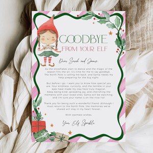 Vaarwel elfenbrief AFDRUKBAAR, roze afscheid van je elfenmeisje kaart digitale download, bewerkbare kinderactiviteit kerstsjabloon, CH51