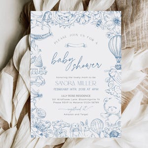 Invito per baby shower in tela blu, invito modificabile con mongolfiera, modello Bearly Wait Boy floreale, vivaio Chinoiserie Jouy, BB92