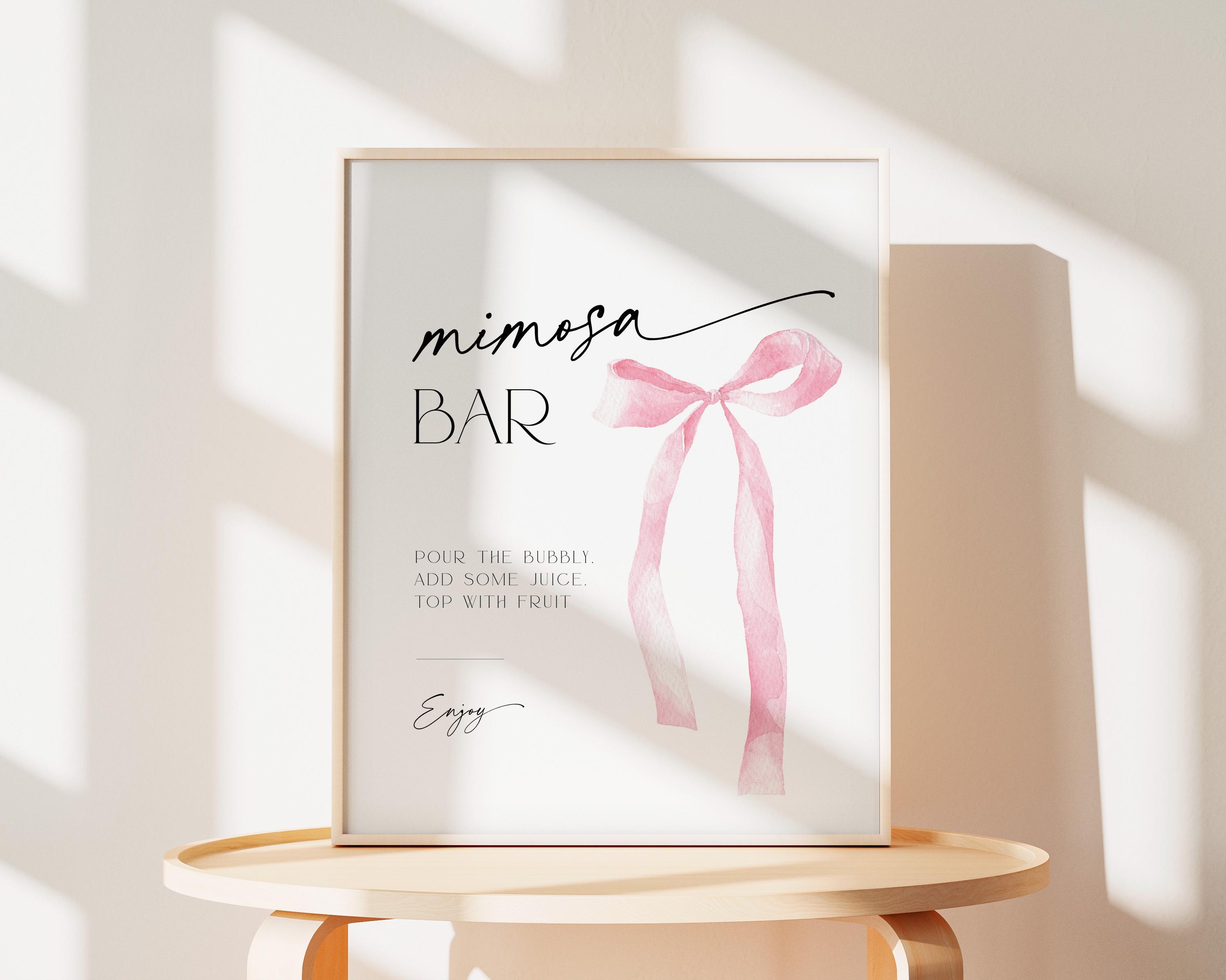 Cartello da bar Blush Pink Mimosa per brunch di addio al nubilato, cartello per matrimonio Love in Bloom, poster per cocktail da tavolo per festa del tè pomeridiano con fiori di campo primaverili