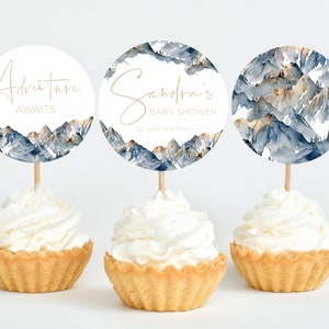 Cupcake Toppers Mountain INSTANT DOWNLOAD, Adventure Awaits Baby Shower PRINTABLE Forest Cake Decor, National Park Shower Dusty Blue, BB21