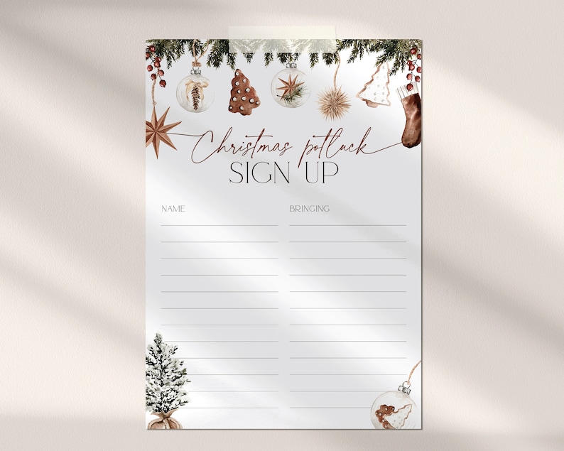 Party Potluck Sign Sheet with boho Christmas theme