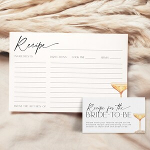May include: A printable recipe card with a champagne glass illustration. The card has sections for ingredients, directions, cook time, and servings. The text "Recipe for the Bride-to-Be" is on a separate card with a champagne glass illustration.
