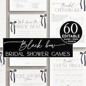 Ensemble de jeux de douche nuptiale avec noeud noir, EVJF gothique, activité de mariage imprimable, coquette mariée noire, BS99