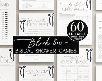 Black Bow She is tying the knot Bridal Shower Games BUNDLE, Gothic Bachelorette Party, Printable Wedding Activity, Coquette Dark Bride, BS99
