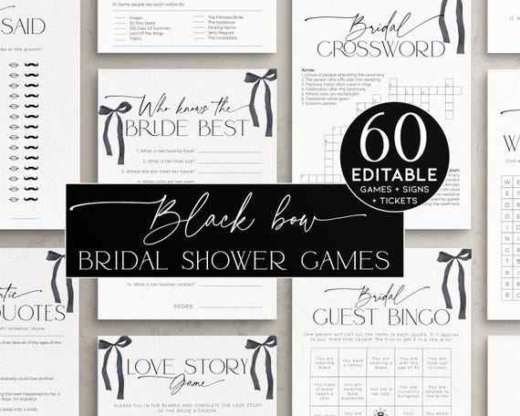 Black Bow She is tying the knot Bridal Shower Games BUNDLE, Gothic Bachelorette Party, Printable Wedding Activity, Coquette Dark Bride, BS99