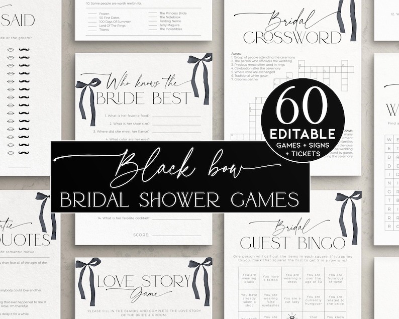 Black bow bridal shower games bundle with 60 games cards, signs and tickets