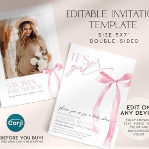May include: Editable baby shower invitation template with a pink watercolor bow and the text "It's a girl". The back of the invitation features a photo of a pregnant woman and the text "Sandra's Baby Shower" with the date and time. The invitation is 5x7 inches and double-sided.