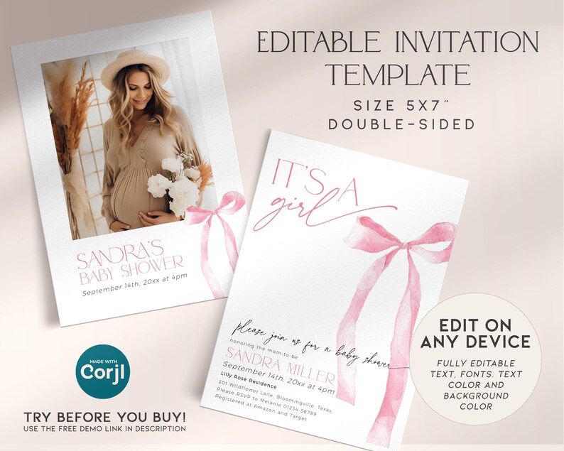May include: Editable baby shower invitation template with a pink watercolor bow and the text "It's a girl". The back of the invitation features a photo of a pregnant woman and the text "Sandra's Baby Shower" with the date and time. The invitation is 5x7 inches and double-sided.