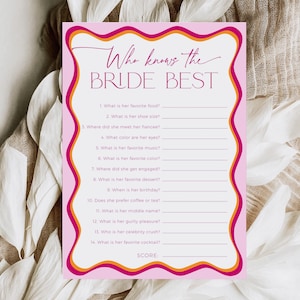 Meilleur jeu de douche nuptiale qui connaît la mariée, EVJF avec bordure ondulée, carte de poule rétro rose et orange, activité de mariage modifiable, BS36