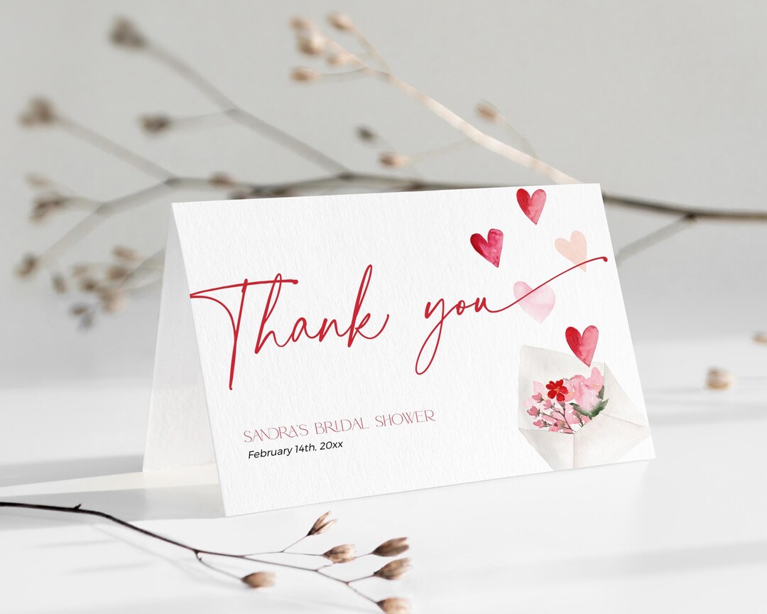 Valentine Thank You Card Bridal Shower, Pink and Red Hearts Thanks Note ...