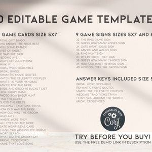 Pu&ograve; includere: Un set stampabile di 40 modelli di giochi modificabili per addio al nubilato. I modelli sono progettati per schede di 12,7 x 17,8 cm e 20,3 x 25,4 cm. Il testo include idee di gioco come "Bingo dei regali di nozze", "Chi conosce meglio la sposa", "Matrimonio dalla A alla Z", "Citazioni di film romantici", "Abbinare le coppie di celebrit&agrave;", "Consigli per la sposa", "Gioco della storia d'amore", "Caccia al tesoro fotografica", "Indovina l'abito", "Quiz sulle tradizioni di matrimonio", "Quanti anni aveva la sposa", "Quanti anni aveva lo sposo", "Chi sono io", "Dove erano", "Tutti gli occhi sulla sposa", "Scheda di idee per un appuntamento", "Ti amo in tutto il mondo", "Ricerca di parole", "Cosa ha detto lo sposo", "Cruciverba di matrimonio", "Nomina quella canzone d'amore", "Il cartello del gioco degli anelli", "Indovina quanti baci", "Idee per un appuntamento", "Consigli e desideri", "Il cartello della caccia agli anelli", "Dove erano", "Indovina quanti dolci", "Quanti anni aveva la sposa", "Quanti anni aveva lo sposo". Il testo include anche "Chiavi di risposta incluse Dimensione 12,7 x 17,8 cm" e "Prova prima di acquistare! Utilizza il link di demo gratuito nella descrizione".