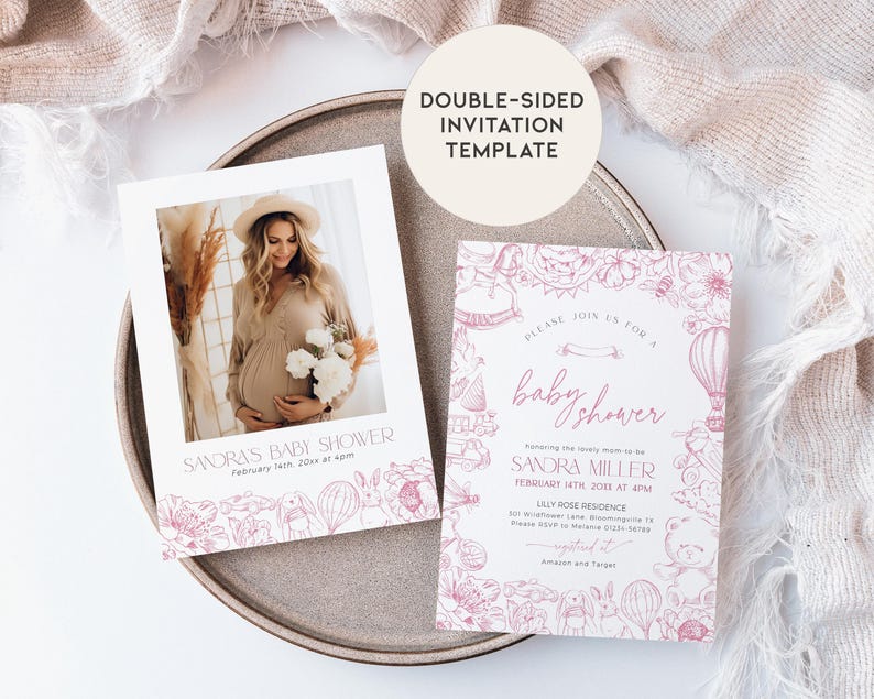 May include: Double-sided baby shower invitation template with a pink floral design. The front features a photo of a pregnant woman with a bouquet of flowers. The back features a pink floral design with the text "Please join us for a baby shower" and the name "Sanora Miller".