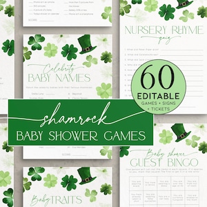 Pacote de jogos para chá de bebê Little Lucky Charm St Patricks Day, pacote de atividades editável Shamrock March Sprinkle, trevo verde de quatro folhas, CH101