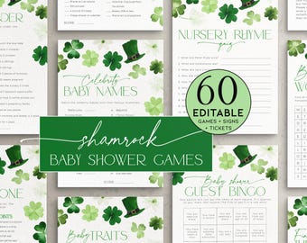 Little Lucky Charm St Patricks Day Baby Shower Games Bundle, Editable Shamrock March Sprinkle Activity Pack, Green Four Leaves Clover, CH101