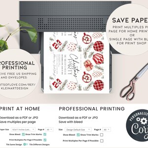 Puede incluir: Una invitaci&oacute;n de fiesta de Navidad imprimible con un esquema de color rojo y blanco. La invitaci&oacute;n presenta una ilustraci&oacute;n de acuarela de adornos, regalos y vegetaci&oacute;n. El texto de la invitaci&oacute;n dice "Christmas Party" y "The Meier's House".