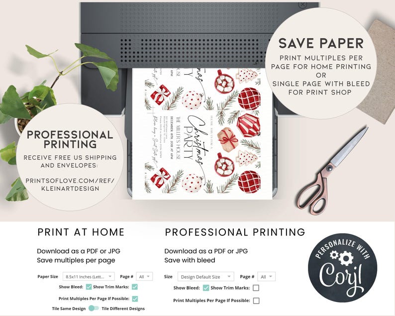 Puede incluir: Una invitaci&oacute;n de fiesta de Navidad imprimible con un esquema de color rojo y blanco. La invitaci&oacute;n presenta una ilustraci&oacute;n de acuarela de adornos, regalos y vegetaci&oacute;n. El texto de la invitaci&oacute;n dice "Christmas Party" y "The Meier's House".