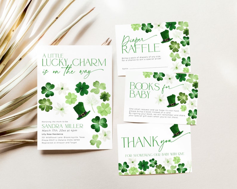 Green four leave clover baby shower invitation bundle for st patricks day with leprechaun hat