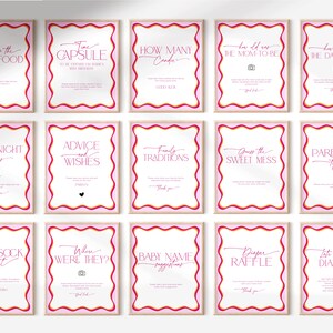 May include: A set of 15 printable baby shower game cards with pink, orange, and yellow borders. The cards feature various games such as "Guess the Baby Food", "Time Capsule", "How Many Candies", "How Old Was the Mom-to-Be", "How Old Was the Dad-to-Be", "Date Night Ideas", "Advice and Wishes", "Family Traditions", "Guess the Sweet Mess", "Parenting Tip Jar", "Baby Sock Hunt", "Where Were They", "Baby Name Suggestions", "Diaper Raffle", and "Late Night Diapers".